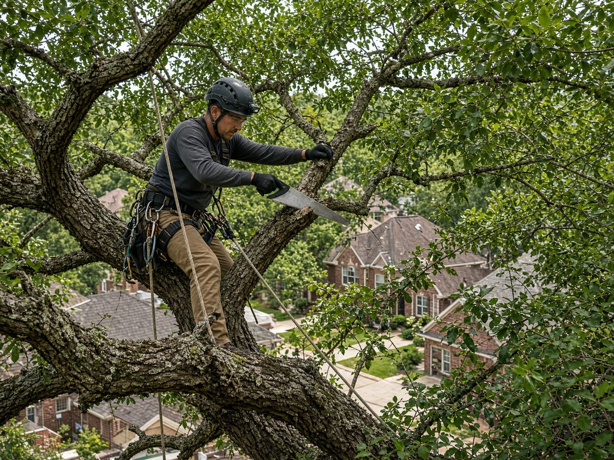 Climber making a precision cut in a live oak canopy