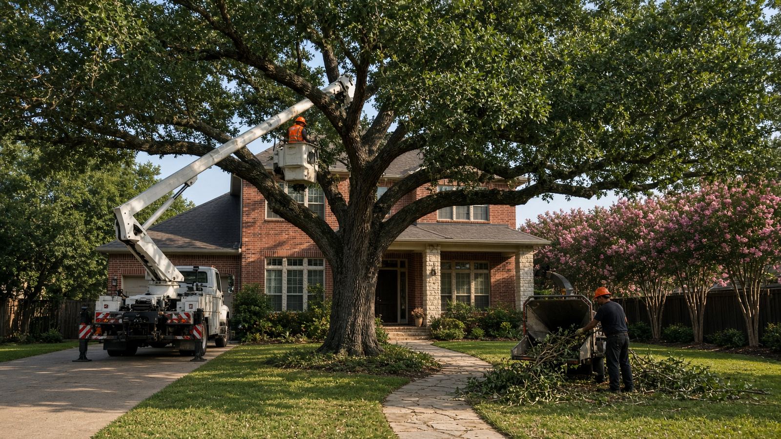 High Rise crew pruning a live oak in front of a North Richland Hills brick home