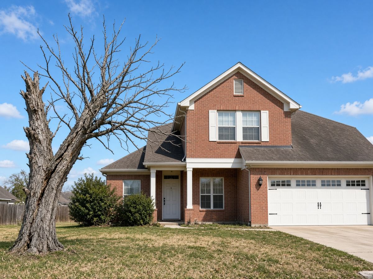 Hazardous pecan take-down before — dead pecan leaning toward a two-story brick home