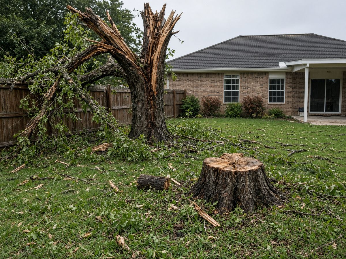 Storm split and stump grind before — cedar elm hanging on the fence