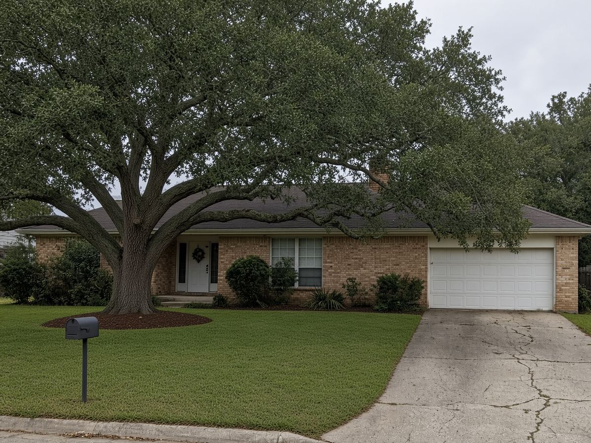 Live oak canopy raise after — canopy lifted off the roof with a clean mulch ring
