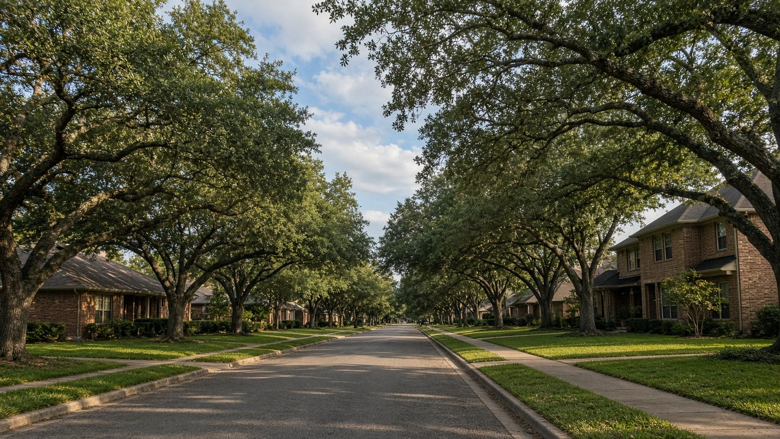 Tree-lined residential street in North Richland Hills after debris haul-off