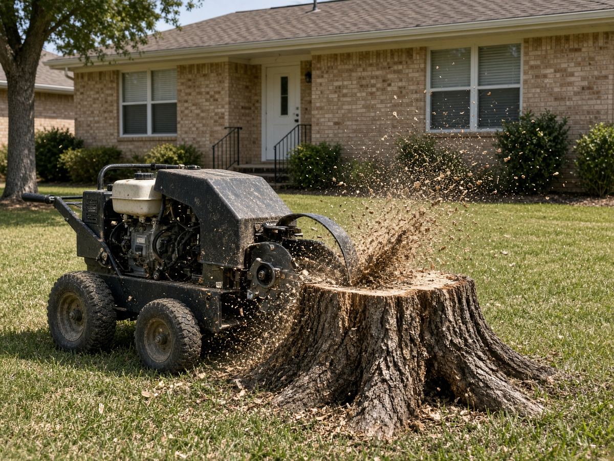 Stump grinder working a front-yard oak in North Richland Hills 76182