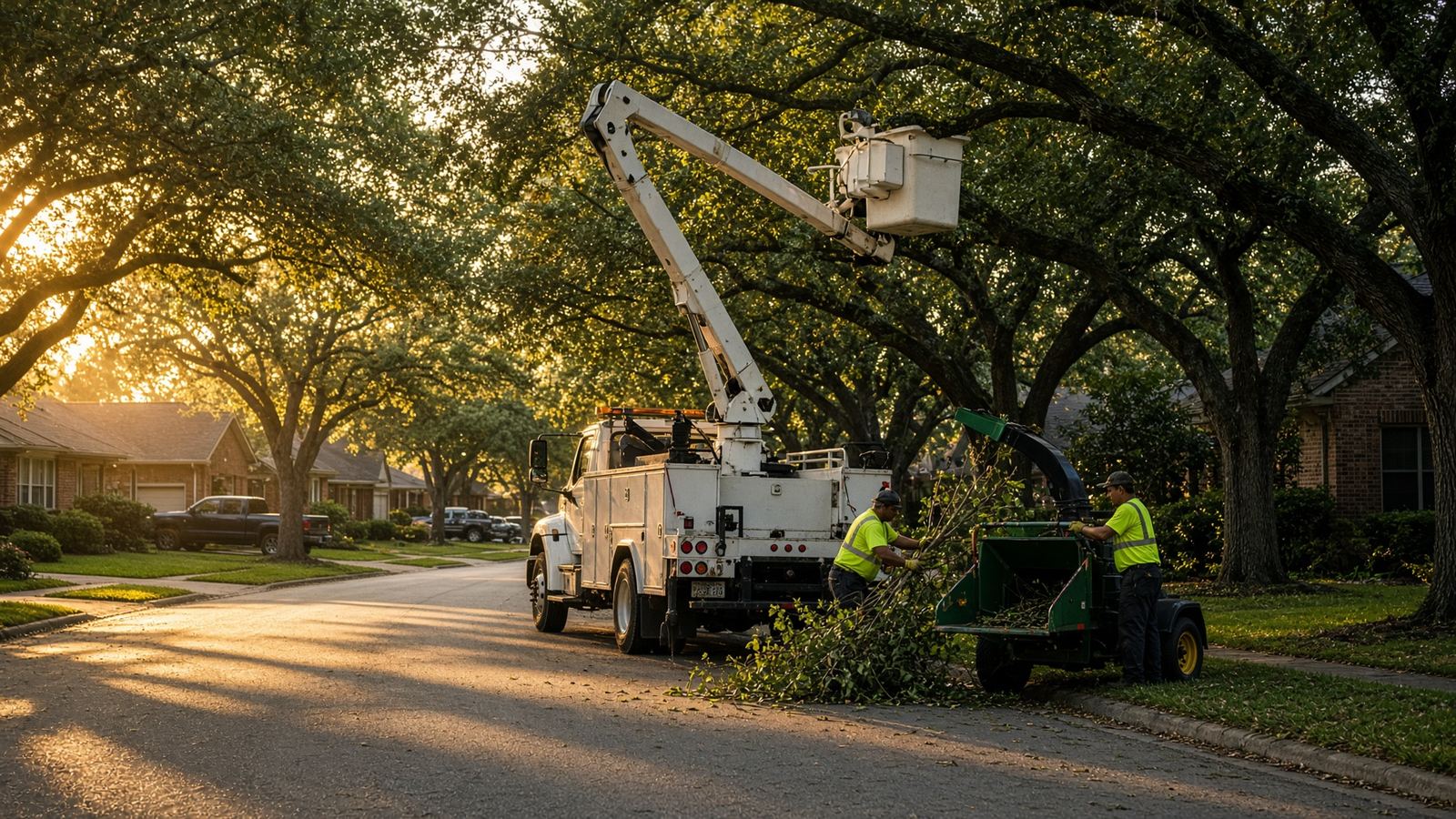 Chipper and bucket truck on a North Richland Hills street